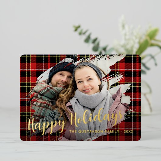 シックな赤の黒のイエローホワイトプレイドパターン金ゴールド 箔シーズンカード (立ち正面)