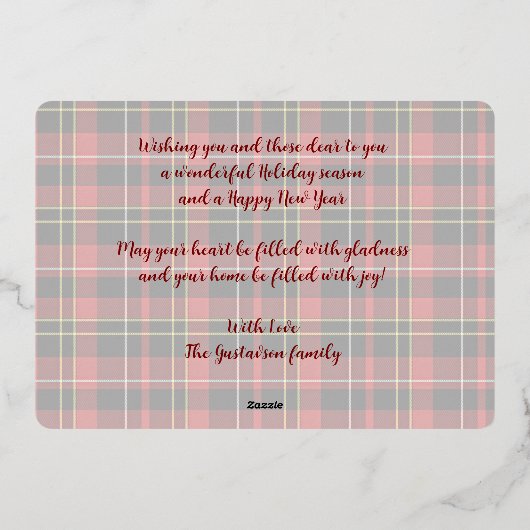 シックな赤の黒のイエローホワイトプレイドパターン金ゴールド 箔シーズンカード (裏面)