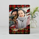 シックな赤の黒のイエローホワイトプレイドパターン金ゴールド 箔シーズンカード (立ち正面)