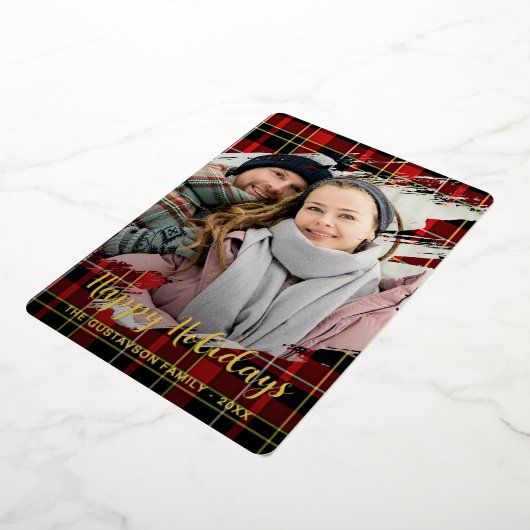 シックな赤の黒のイエローホワイトプレイドパターン金ゴールド 箔シーズンカード (回転した状態)