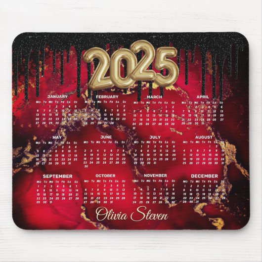 シックな赤の黒ドリップグリッターモノグラム2025カレンダー マウスパッド (正面)