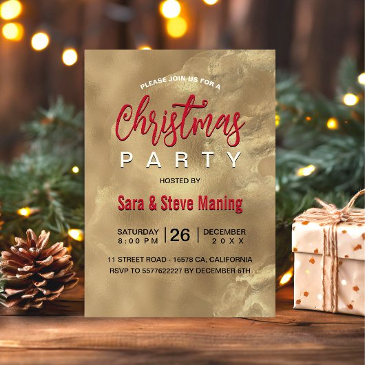 シックな赤エレガント金ゴールド大理石アートクリスマス 招待状