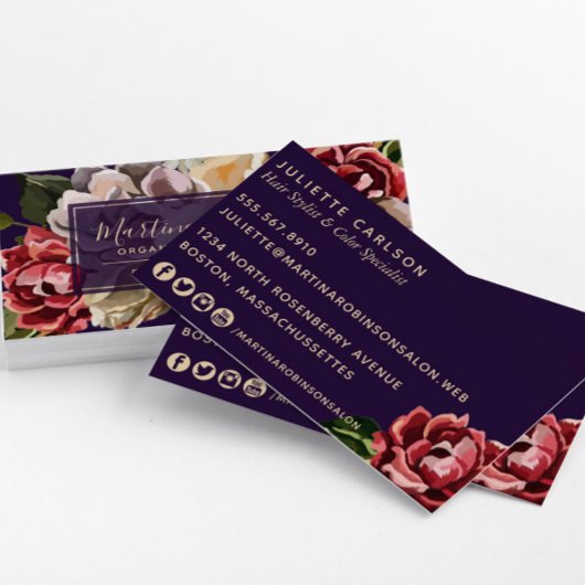 シックな赤クリームと紫色彩の鮮やかのフローラ 名刺