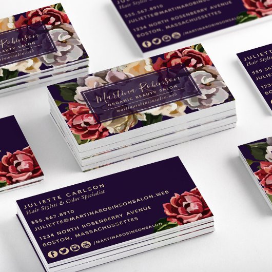 シックな赤クリームと紫色彩の鮮やかのフローラ 名刺