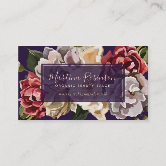 シックな赤クリームと紫色彩の鮮やかのフローラ 名刺 (正面)