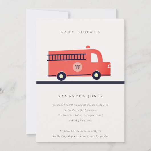 シックな赤ネイビー火災トラックエンジンベビーシャワー招待状 サンキューカード (正面)