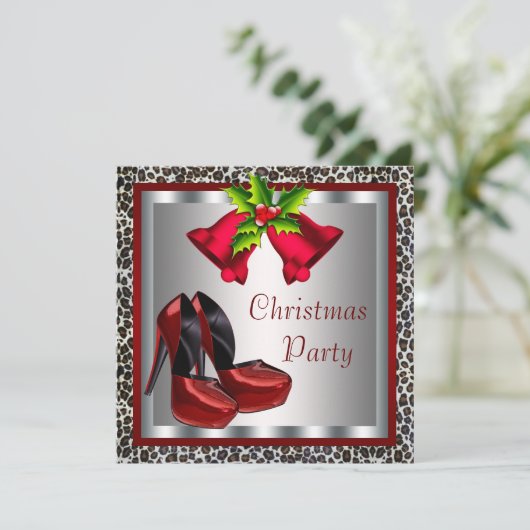 シックな赤ハイヒールシューズクリスマスパーティー 招待状 (スタンド正面)
