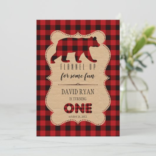 シックな赤バッファローフランネルアッププレイド誕生日1 招待状 (スタンド正面)