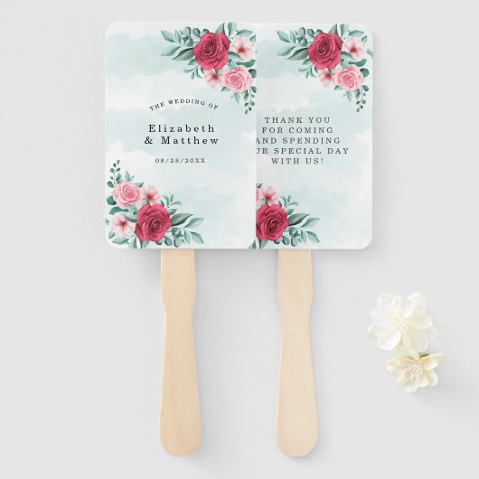 シックな赤ピンクの牡丹のセージの葉結婚の感謝 ハンドファン (正面&裏面)