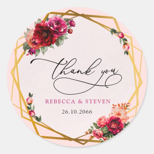 シックな赤ピンクフェイクのフローラ結婚の感謝してい金ゴールド ラウンドシール (正面)