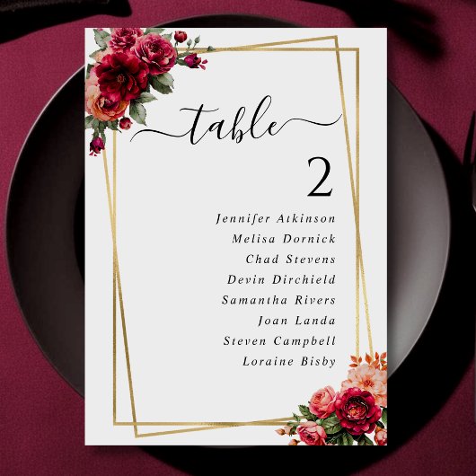 シックな赤フェイクフローラ結婚金ゴールドの座席表
