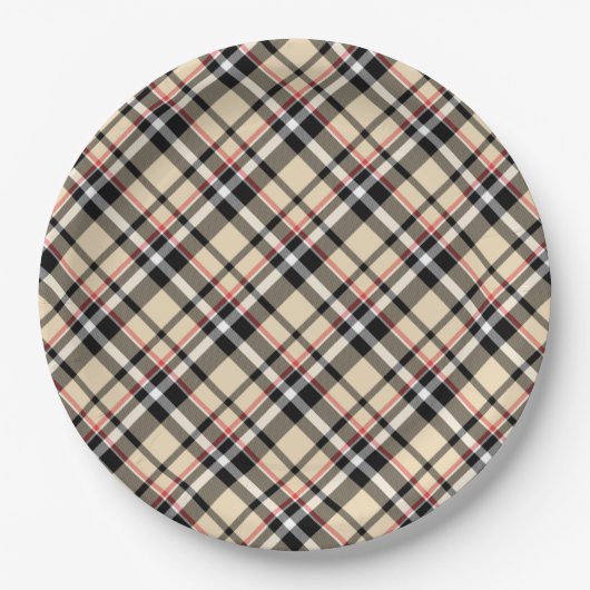 シックな赤ベージュブラックスクウェアタータンチェック格子模様 ペーパープレート (正面)
