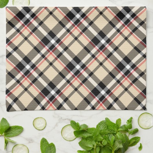 シックな赤ベージュ白黒格子模様ストライプ模様 キッチンタオル (折り畳み)