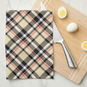 シックな赤ベージュ白黒格子模様ストライプ模様 キッチンタオル (四つ折り)