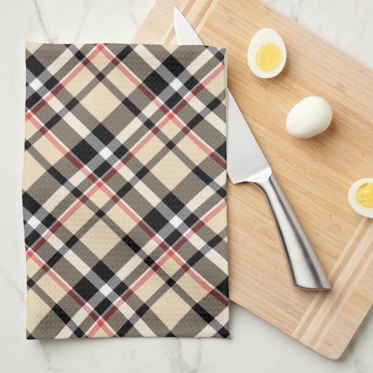 シックな赤ベージュ白黒格子模様ストライプ模様 キッチンタオル (四つ折り)