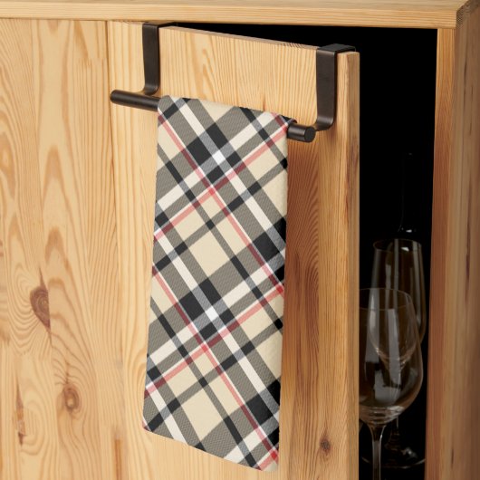 シックな赤ベージュ白黒格子模様ストライプ模様 キッチンタオル (三つ折り)