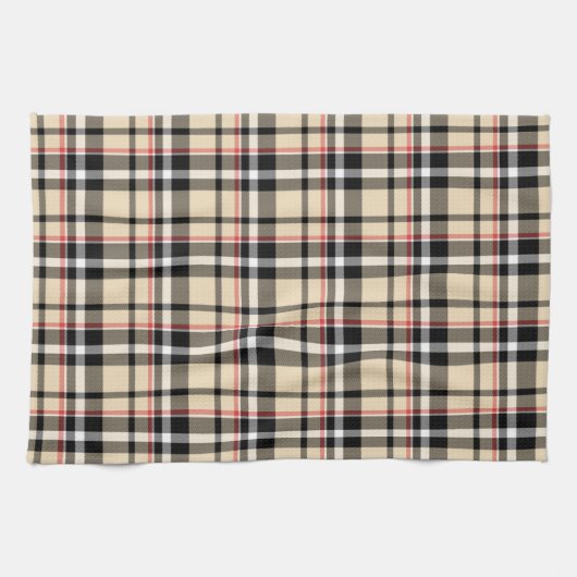 シックな赤ベージュ白黒格子模様ストライプ模様 キッチンタオル (横)