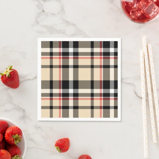シックな赤ベージュ白黒格子模様ストライプ模様 スタンダードカクテルナプキン (インサイチュ)