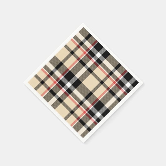 シックな赤ベージュ白黒格子模様ストライプ模様 スタンダードカクテルナプキン (角)