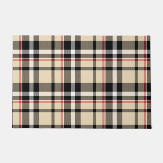 シックな赤ベージュ白黒格子模様ストライプ模様 ドアマット (正面)
