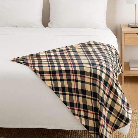 シックな赤ベージュ白黒格子模様ストライプ模様 フリースブランケット