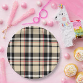 シックな赤ベージュ白黒格子模様ストライプ模様 ペーパープレート (パーティー)