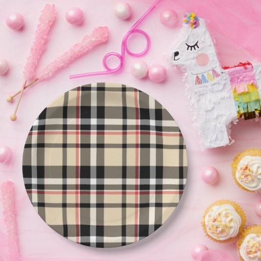 シックな赤ベージュ白黒格子模様ストライプ模様 ペーパープレート (パーティー)