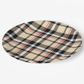 シックな赤ベージュ白黒格子模様ストライプ模様 ペーパープレート (アングル)