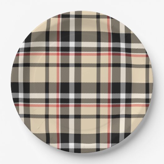 シックな赤ベージュ白黒格子模様ストライプ模様 ペーパープレート (正面)
