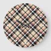 シックな赤ベージュ白黒格子模様ストライプ模様 ラージ壁時計 (正面)