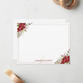 シックな赤ポインセチアのクリスマスウォーターの色フローラ ノートカード (正面/裏面インサイチュ)