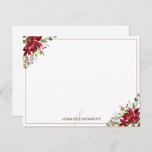 シックな赤ポインセチアのクリスマスウォーターの色フローラ ノートカード (正面/裏面)