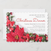 シックな赤ポインセチアパインクリスマスディナーパーティー 招待状 (正面)
