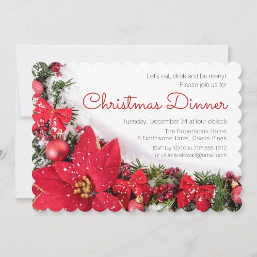 シックな赤ポインセチアパインクリスマスディナーパーティー 招待状 (正面)