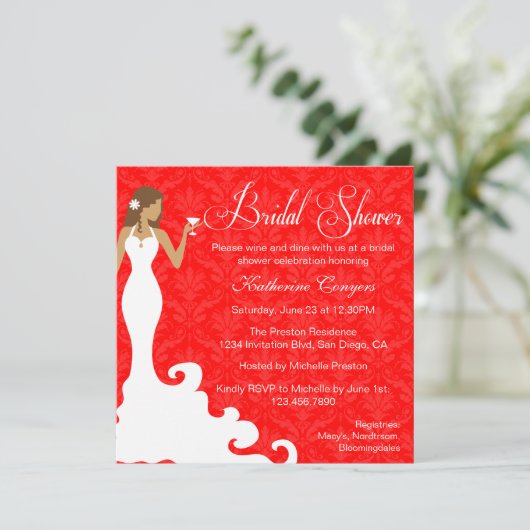 シックな赤ワインのダマスクブライダルシャワー招待 招待状 (スタンド正面)