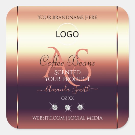 シックな赤茶色の製品ラベルジュエリーイニシャルロゴ スクエアシール (正面)