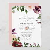 シックな赤面とブルゴーニュフローラブロッサム結婚ズ 招待状 (正面/裏面)