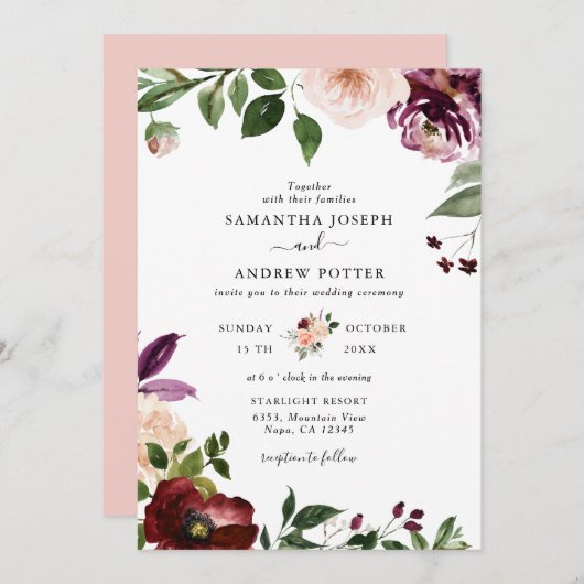 シックな赤面とブルゴーニュフローラブロッサム結婚ズ 招待状 (正面/裏面)