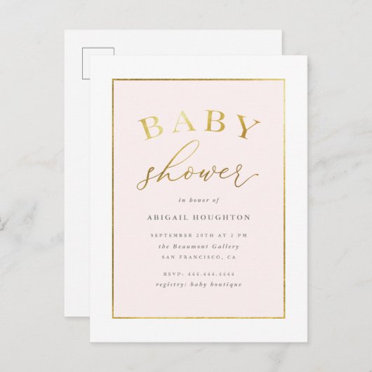 シックな赤面のピンクの金ゴールドのタイポグラフィのベビーシャワー インビテーションポストカード (正面/裏面)