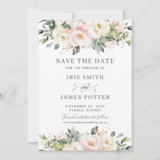 シックな赤面アイボリーフローラウェディング日付カードを保存 招待状 (正面)