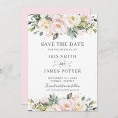 シックな赤面アイボリーフローラウェディング日付カードを保存 招待状 (正面/裏面)