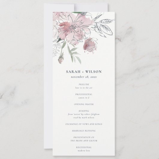 シックな赤面ウォーターカラーフローラ結婚式 プログラム (正面)