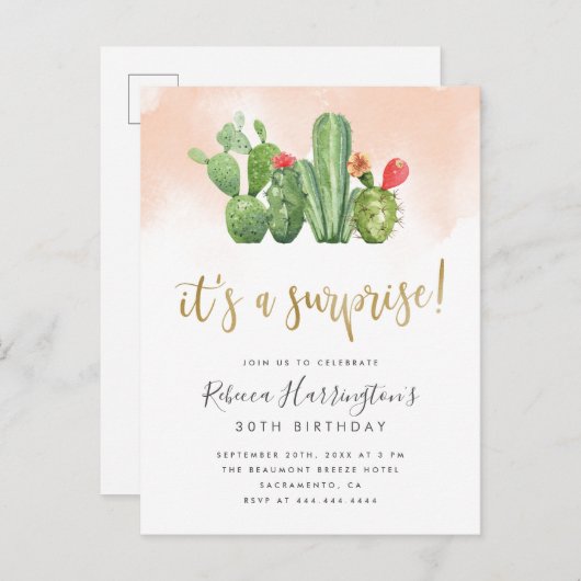 シックな赤面ウォーターカラー&サプライズパーティー インビテーションポストカード (正面/裏面)