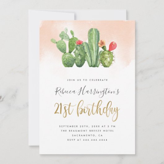 シックな赤面ウォーターカラー&サボテン21歳の誕生日 招待状 (正面)