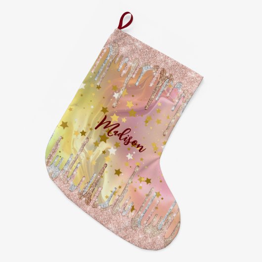 シックな赤面バラユニコーン滴下グリッター ラージクリスマスストッキング (正面 (吊り時))