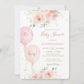 シックな赤面ピンクのフローラバルーン双子ベビーシャワー 招待状 (正面)