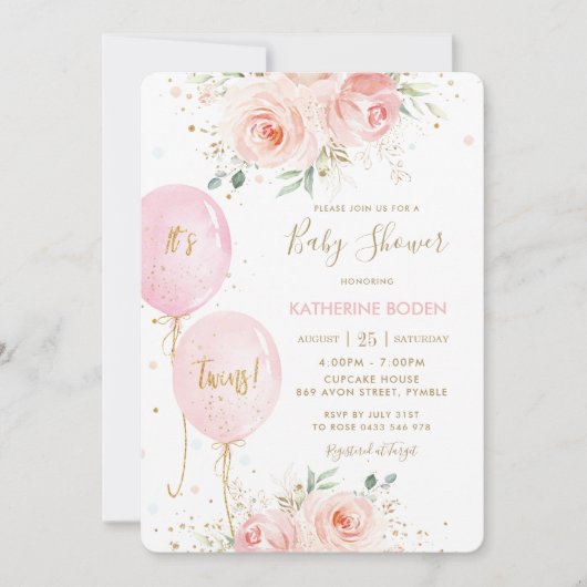 シックな赤面ピンクのフローラバルーン双子ベビーシャワー 招待状 (正面)