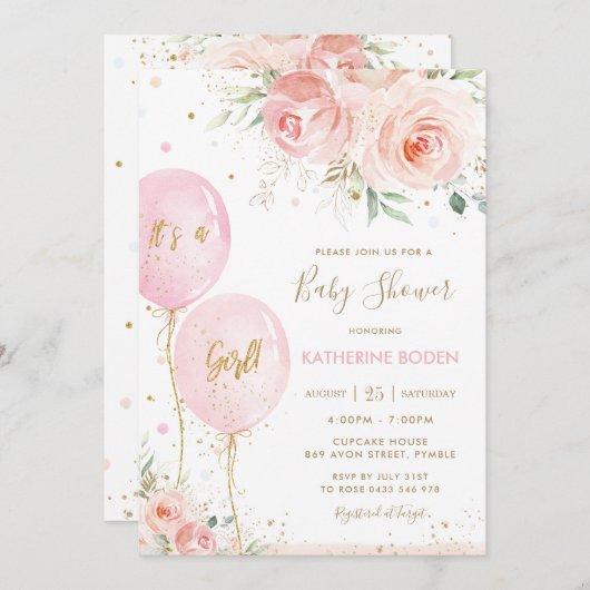 シックな赤面ピンクのフローラバルーン金ゴールドベビーシャワー 招待状 (正面/裏面)
