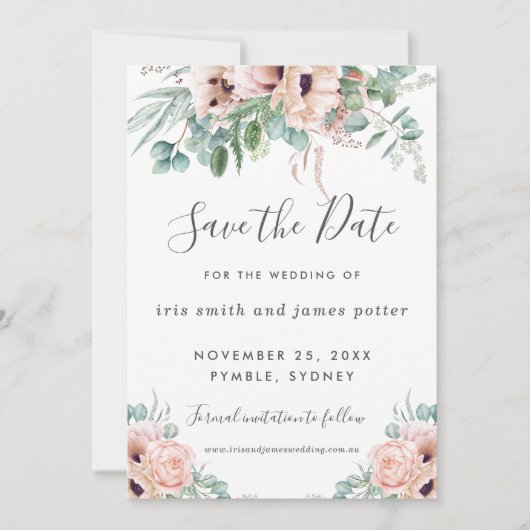 シックな赤面ピンクのフローラ緑Save the Date Card 招待状 (正面)