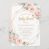 シックな赤面ピンクのフローラ金ゴールド幾何学的ベビーシャワー 招待状 (正面/裏面)
